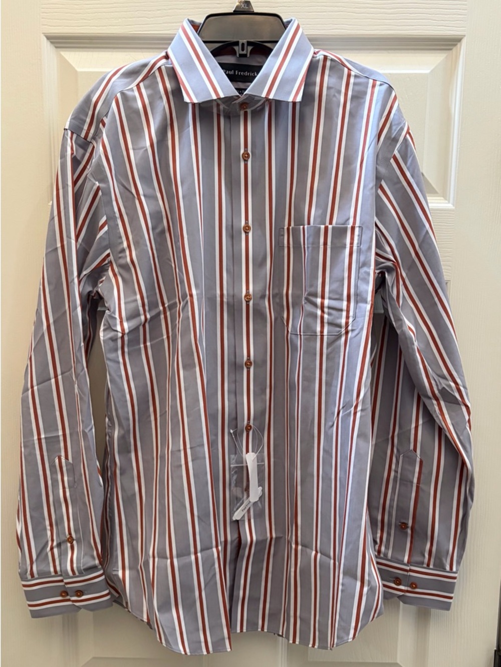 Paul Fredrick Light Blue Dress Shirt with Brown and White Stripes